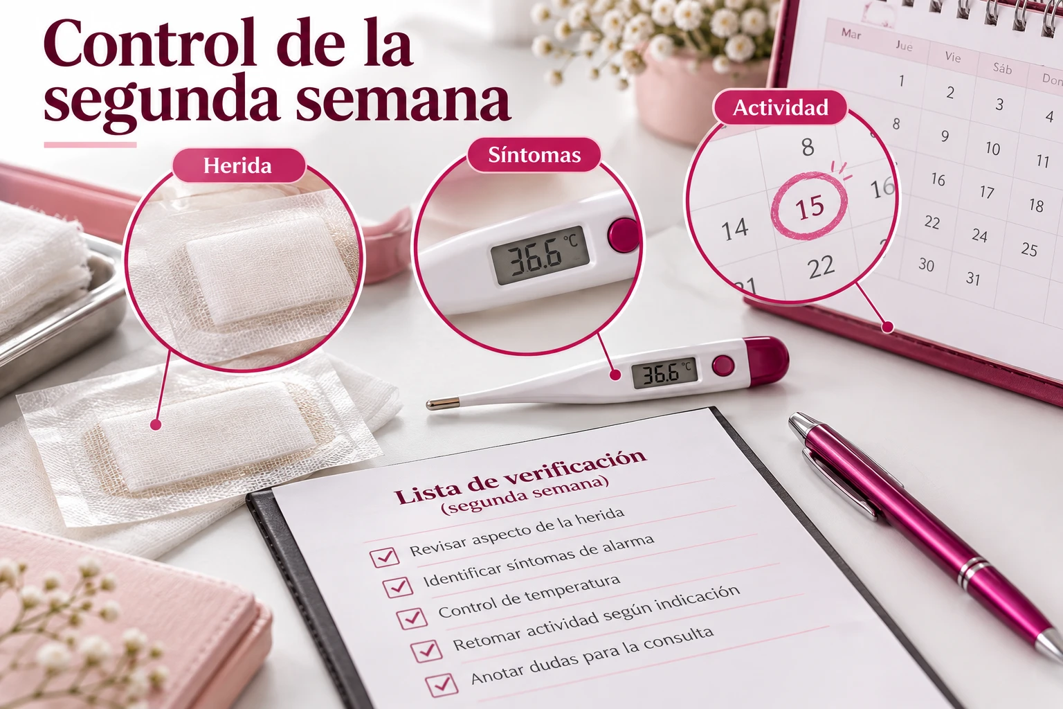 Elementos revisados en el control: herida, síntomas y actividad