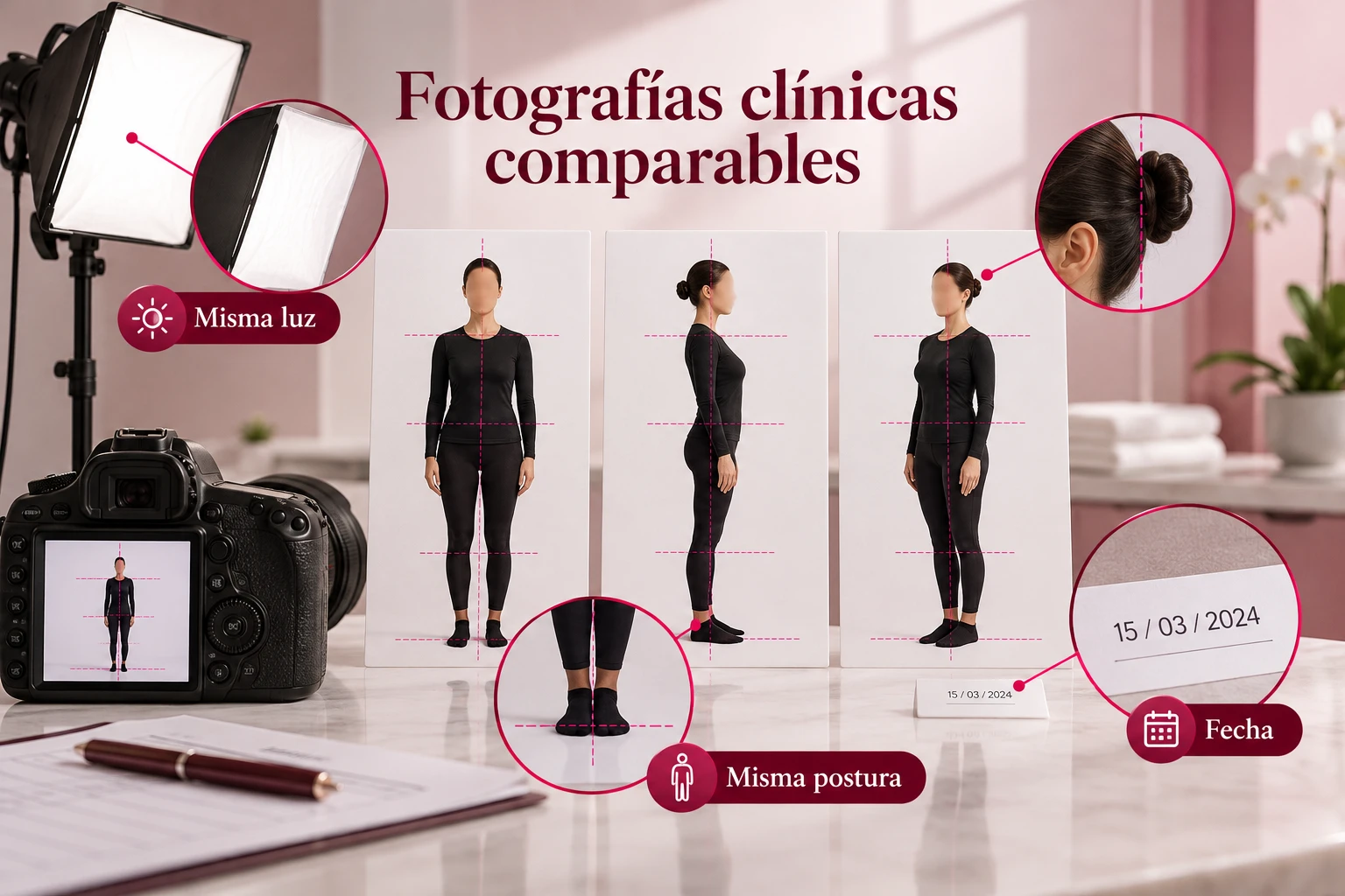 Fotografías clínicas con luz, postura y fecha comparables