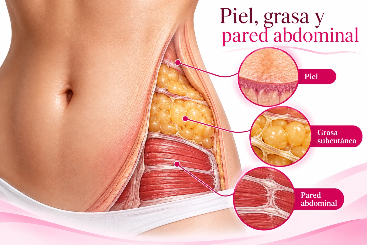 Ilustración de piel, grasa subcutánea y pared abdominal