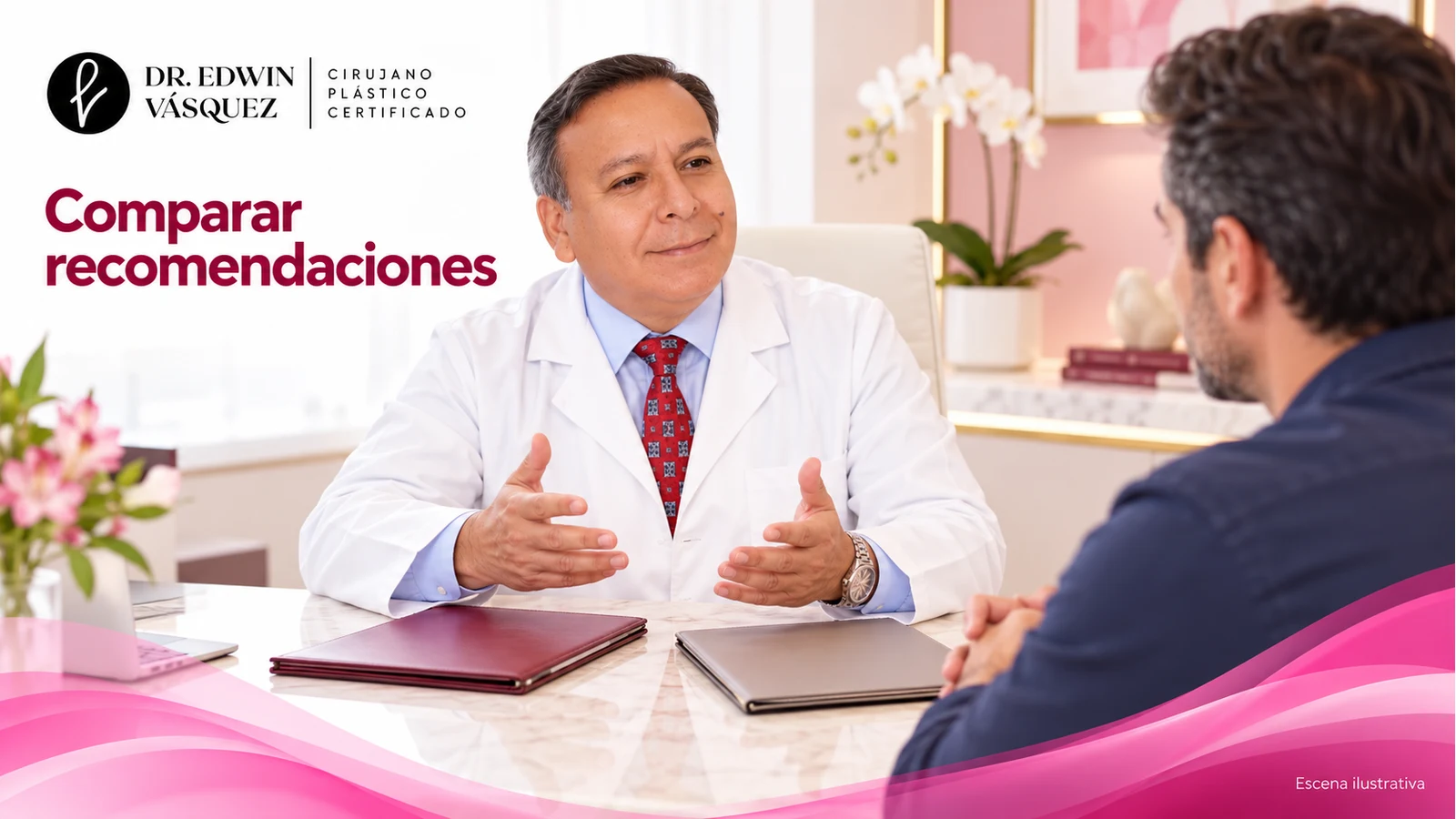 Dr. Edwin Vásquez comparando objetivos de dos recomendaciones con un adulto, en una escena ilustrativa.
