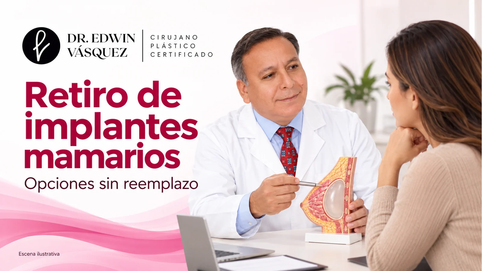 i02-quiero-retirarme-los-implantes-de-senos-portada Escena ilustrativa: El Dr. Edwin Vásquez conversa con una paciente junto a un modelo mamario sobre retiro de implantes sin reemplazo.