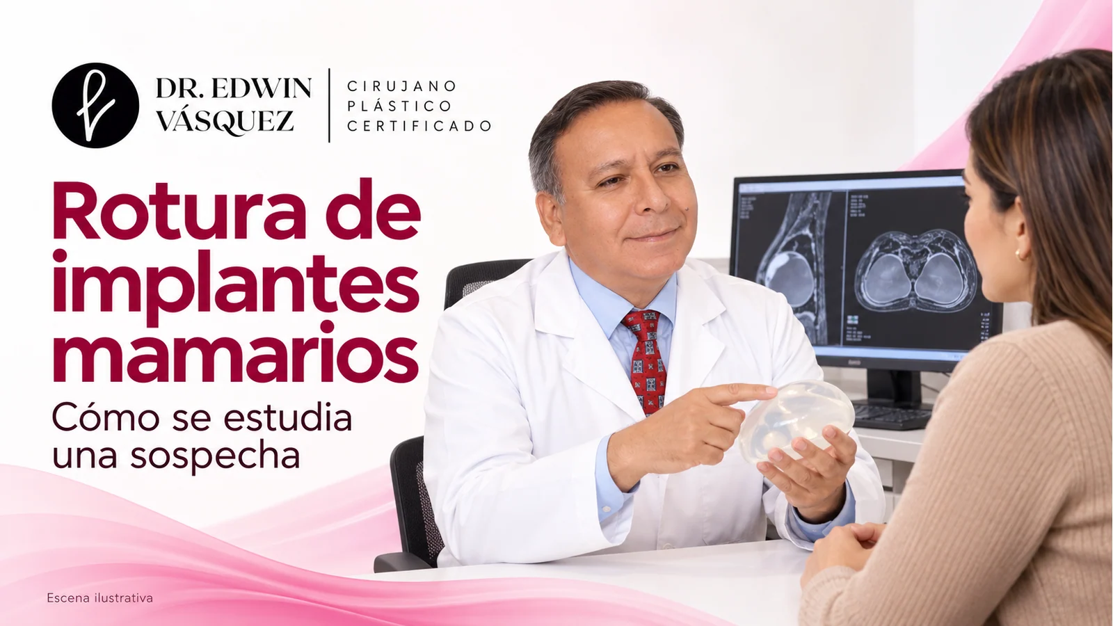 Escena ilustrativa: El Dr. Edwin Vásquez presenta un modelo de implante junto a una estación de imágenes médicas.