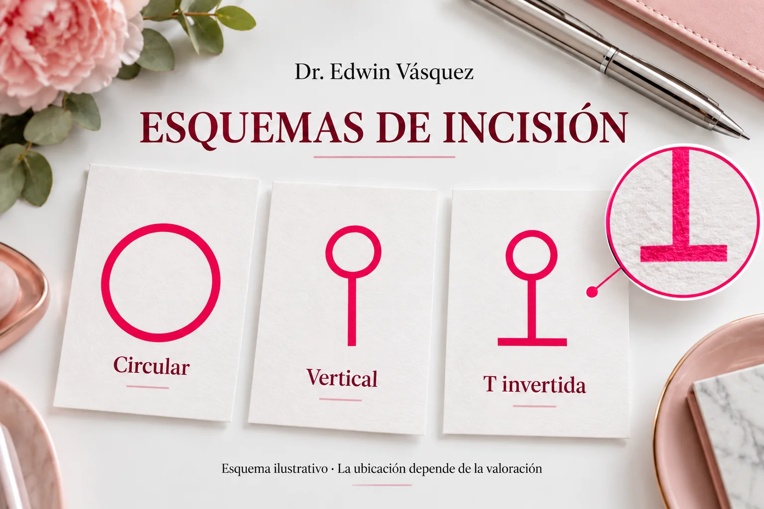 Esquemas educativos de incisiones circular, vertical y en T invertida — imagen ilustrativa