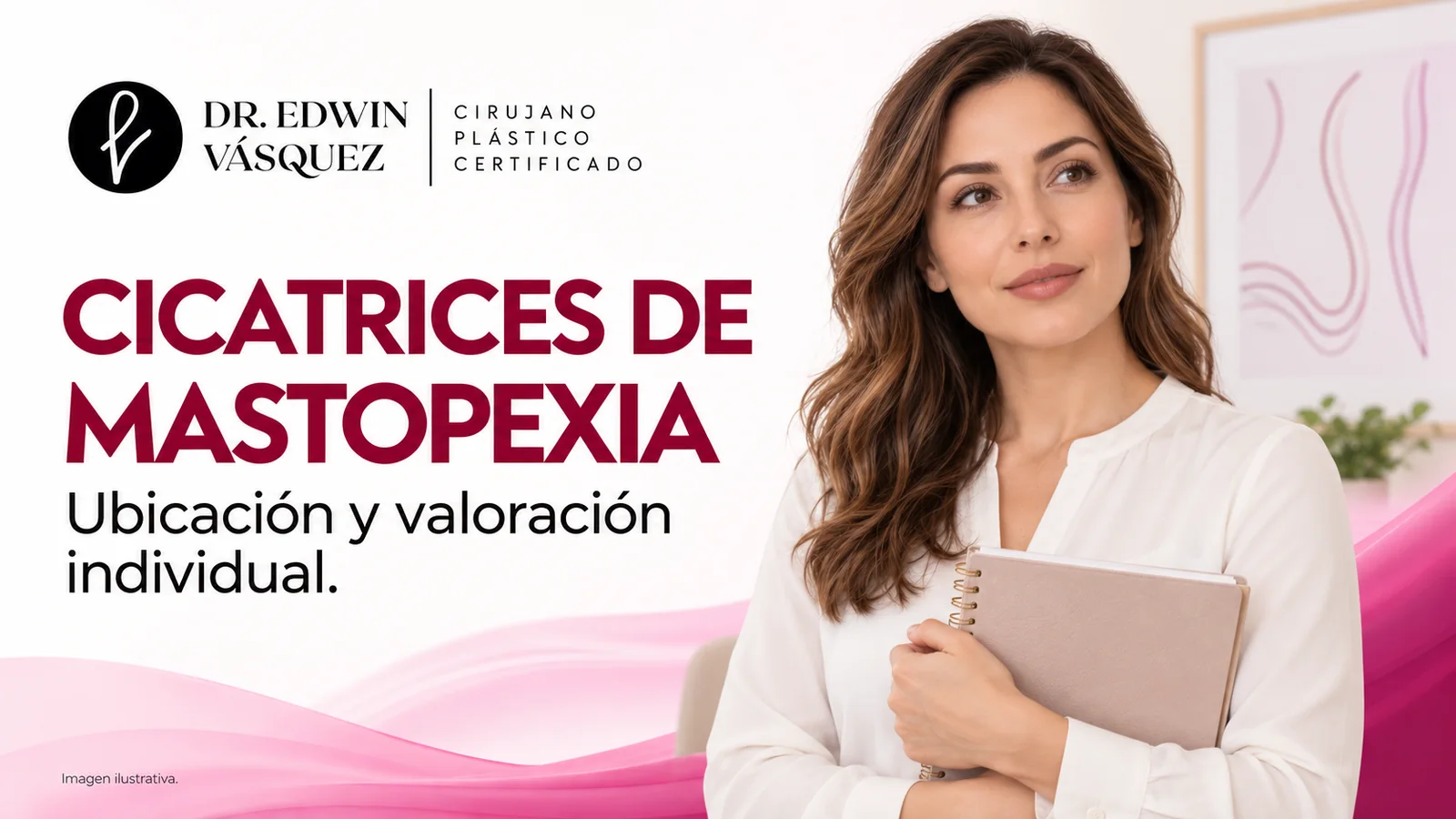 m03-cicatrices-mastopexia-portada Mujer con carpeta e ilustración sobre cicatrices de mastopexia — imagen ilustrativa