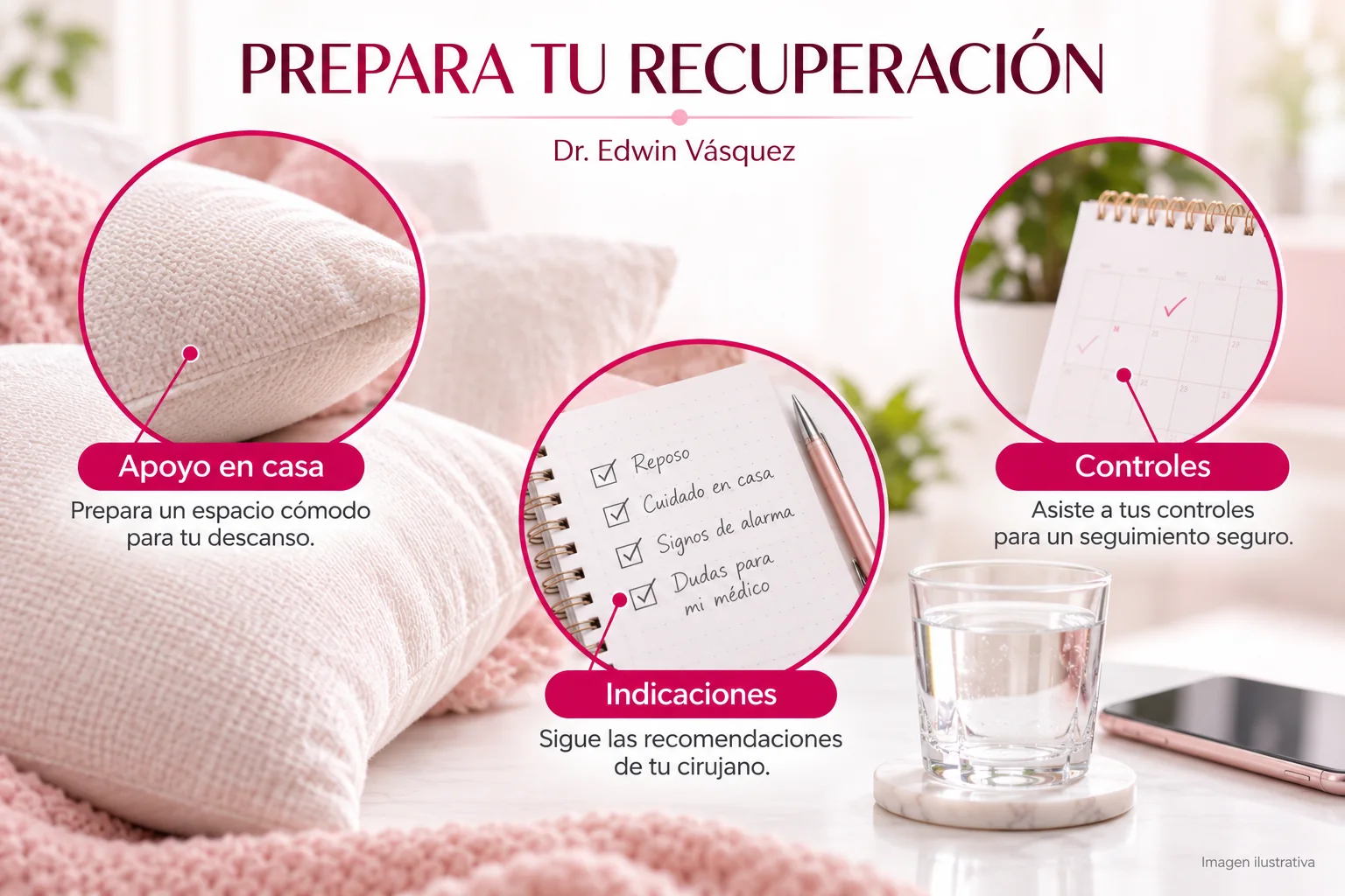 Apoyo en casa, indicaciones y controles durante la recuperación mamaria — imagen ilustrativa