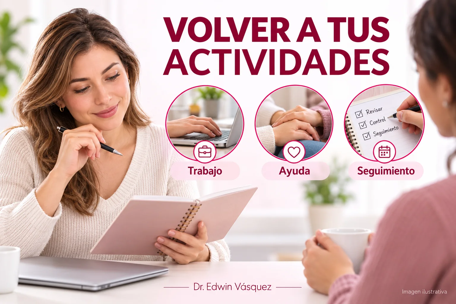 Mujer organizando trabajo, ayuda y seguimiento tras una mastopexia — imagen ilustrativa