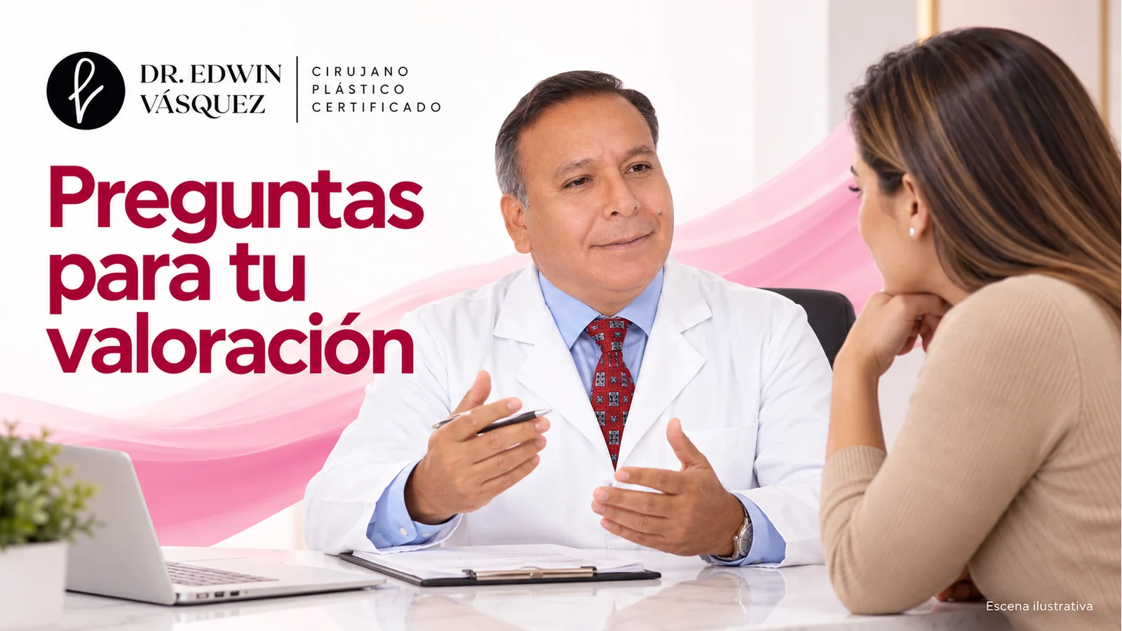 Escena ilustrativa: El Dr. Edwin Vásquez conversa sobre expectativas de otoplastia con una mujer adulta vista de perfil.