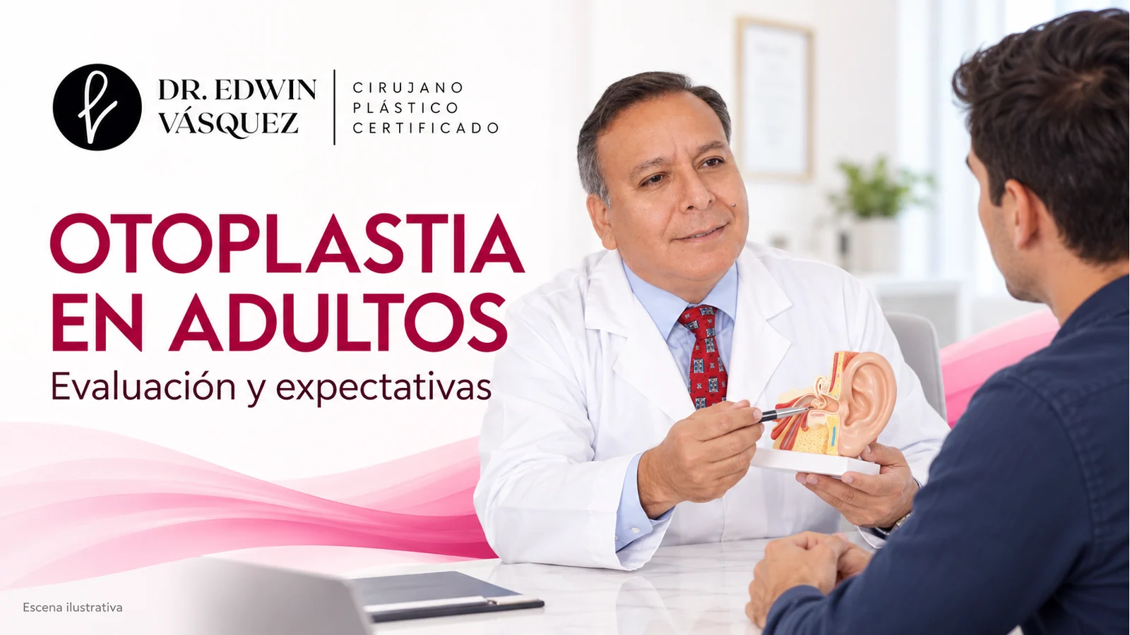 o01-otoplastia-adultos-portada Escena ilustrativa: El Dr. Edwin Vásquez conversa con un hombre adulto junto a un modelo anatómico de oreja.