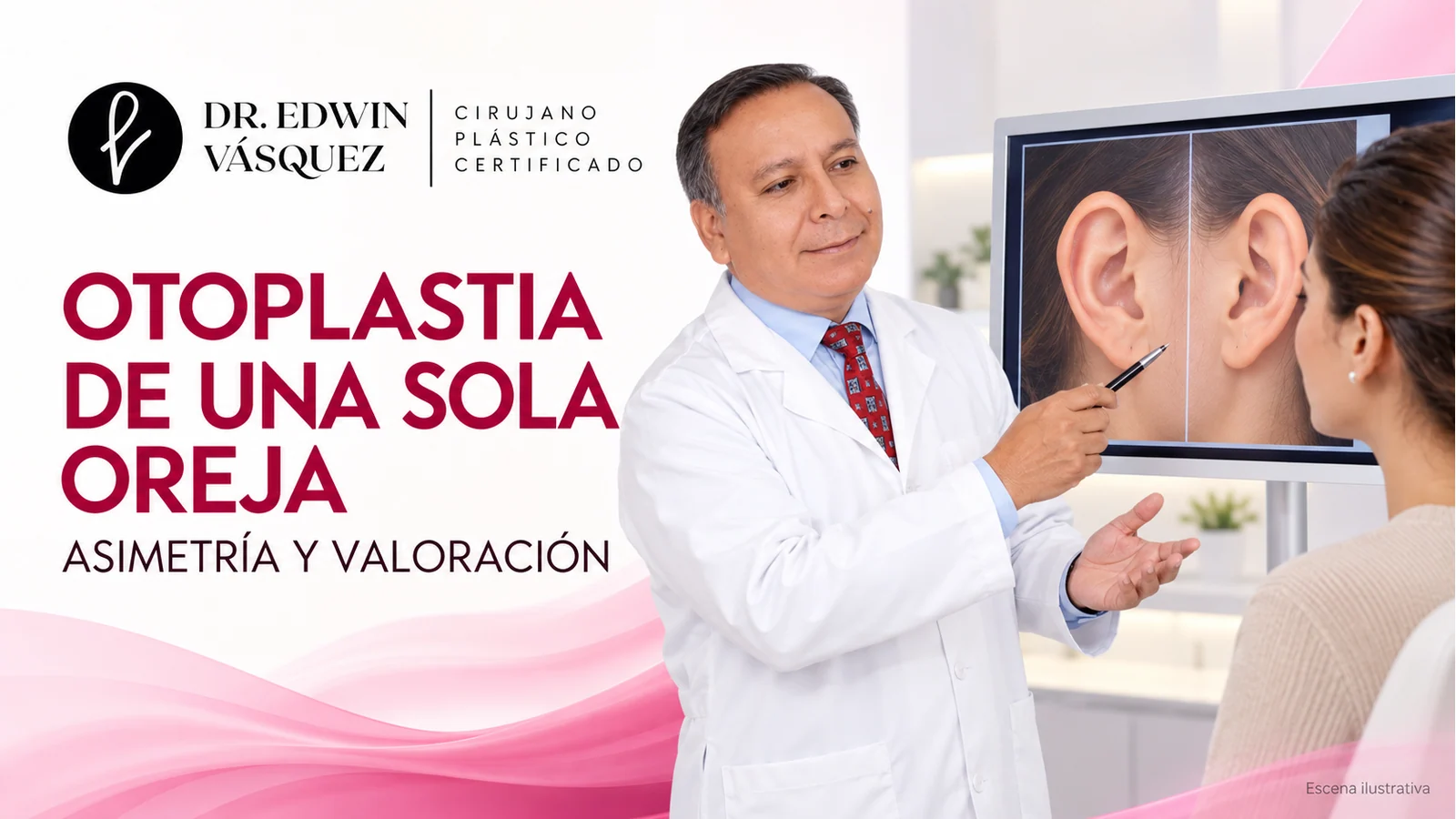 o04-otoplastia-una-sola-oreja-portada Escena ilustrativa: El Dr. Edwin Vásquez explica a un paciente una ilustración de ambas orejas para valorar una posible corrección unilateral.