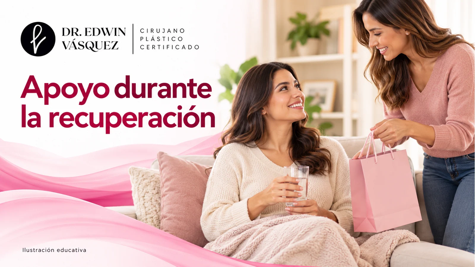 Mujer adulta descansando en casa mientras otra persona ayuda con una bolsa de compras.