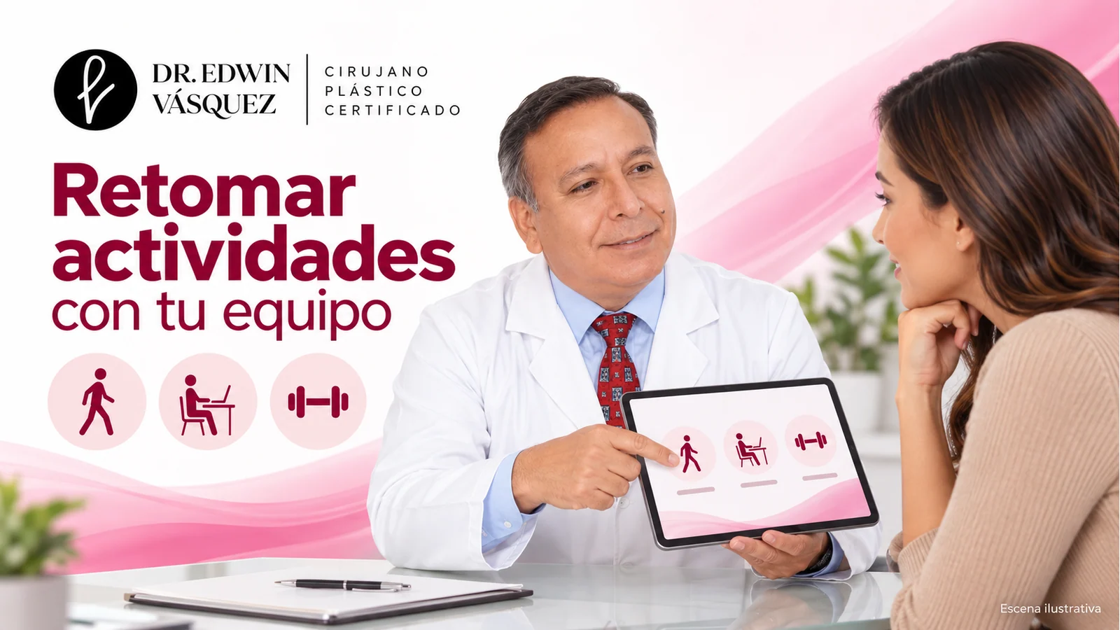 Escena ilustrativa: El Dr. Edwin Vásquez revisa con una paciente un plan de regreso a las actividades mediante una tableta.