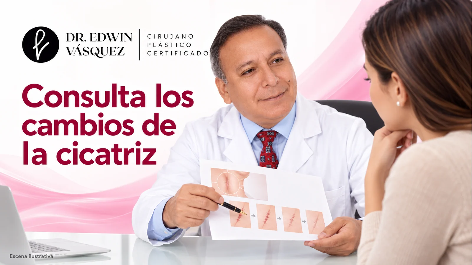 Escena ilustrativa: El Dr. Edwin Vásquez utiliza un esquema en papel para conversar con una paciente sobre cicatrices mamarias.