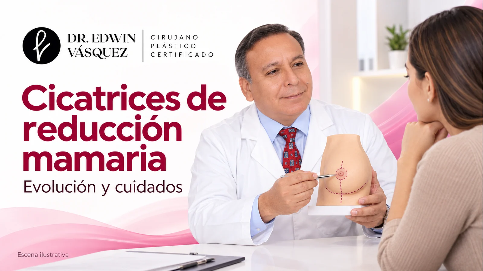 r04-cicatrices-reduccion-mamaria-portada Escena ilustrativa: El Dr. Edwin Vásquez explica a una paciente patrones de incisión sobre un modelo mamario educativo.