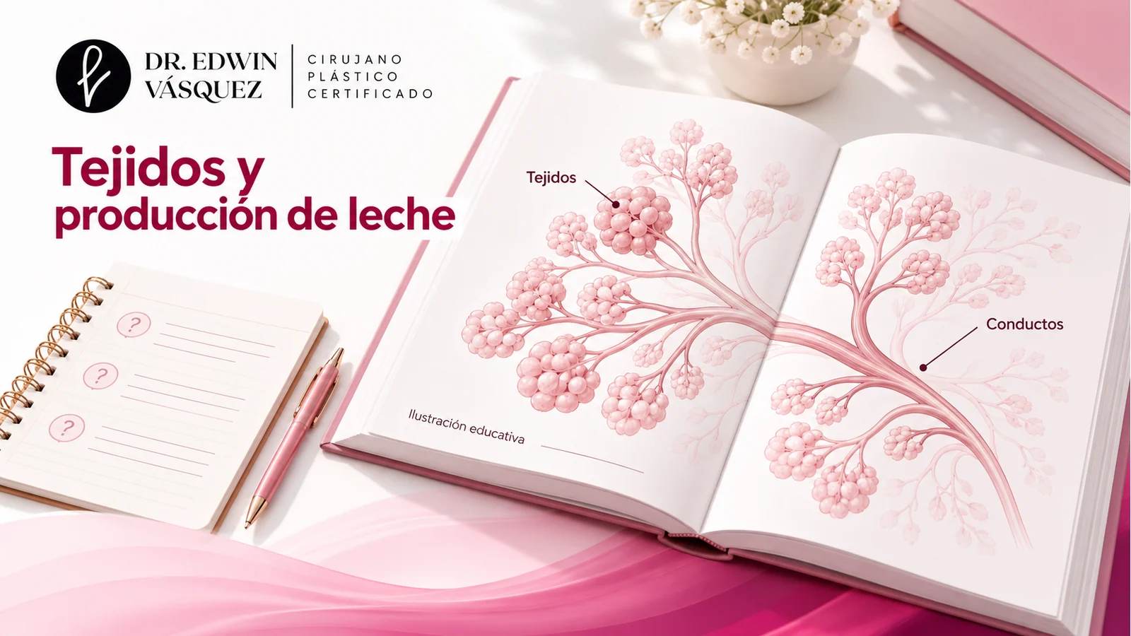 Libro educativo abierto con un esquema abstracto de tejidos y conductos, junto a un cuaderno de preguntas sobre lactancia.