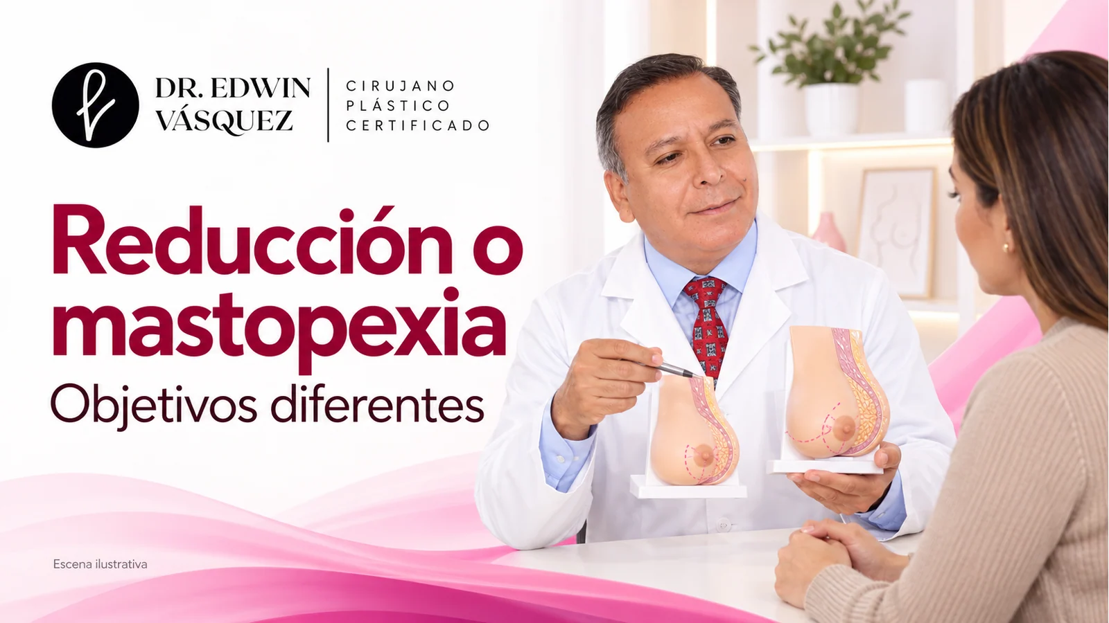 r06-reduccion-senos-vs-mastopexia-portada Escena ilustrativa: El Dr. Edwin Vásquez explica dos modelos mamarios a una paciente al comparar reducción y mastopexia.